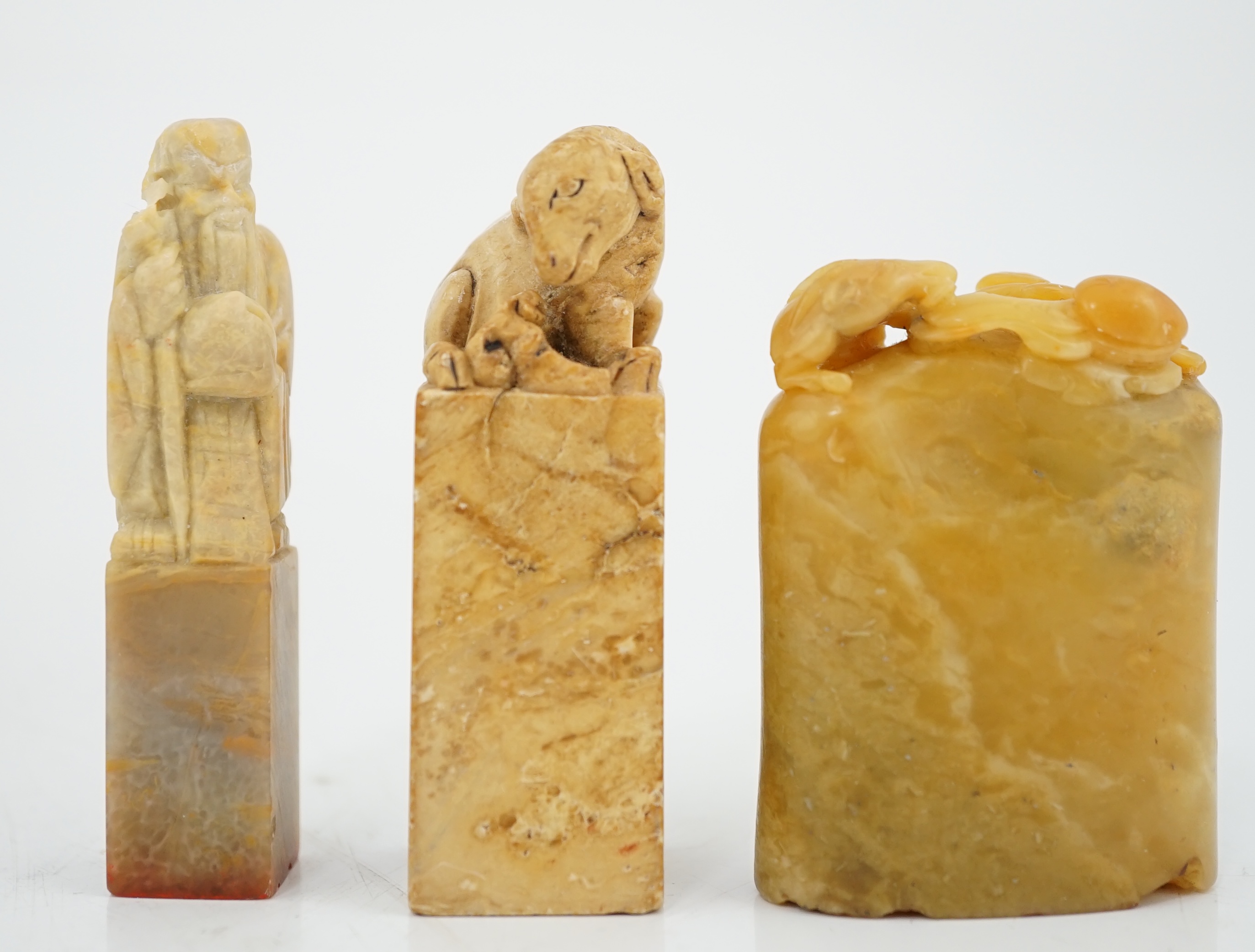 A group of nine Chinese soapstone literati seals, and a similar example in agate